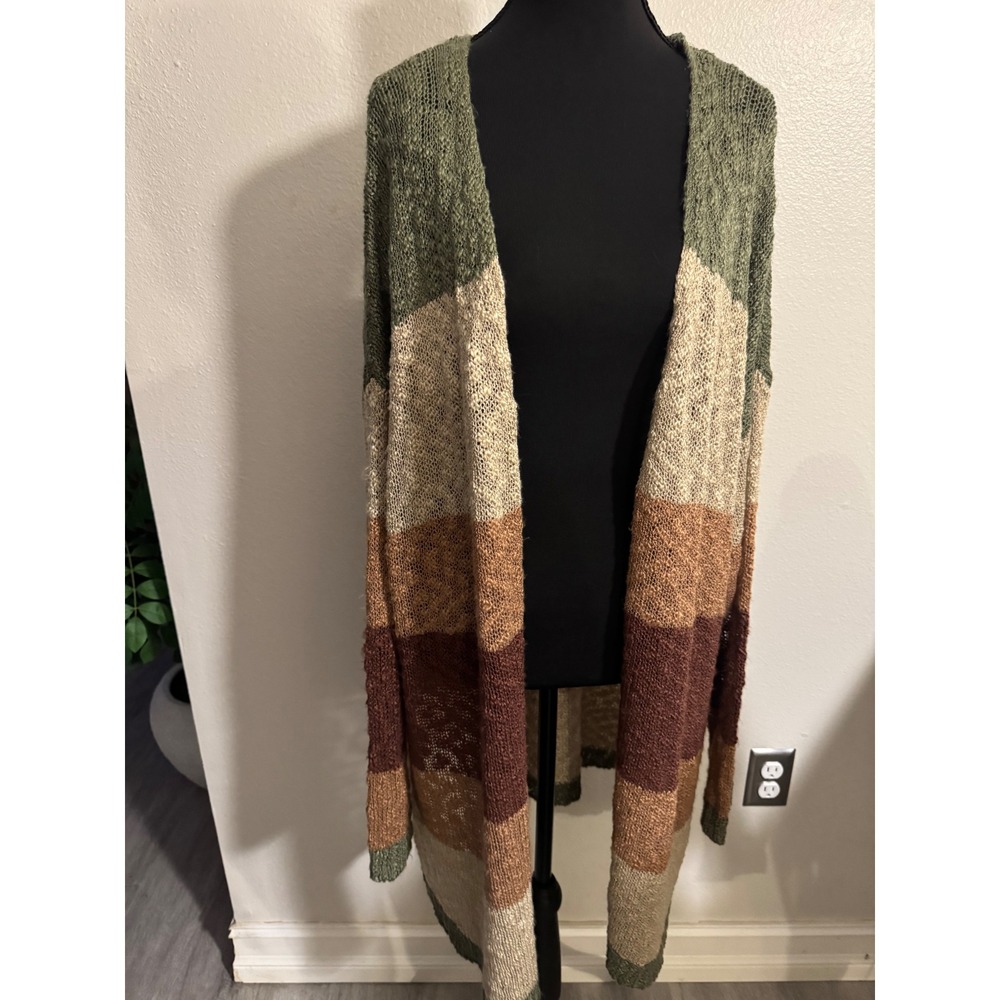 Tantrums Women XL Open Knit Striped Longline Cardigan Sweater Green Rust Earthy